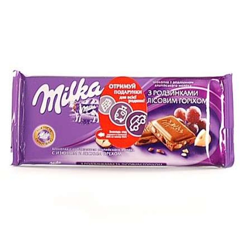Шоколад Милка орехи+изюм 95г