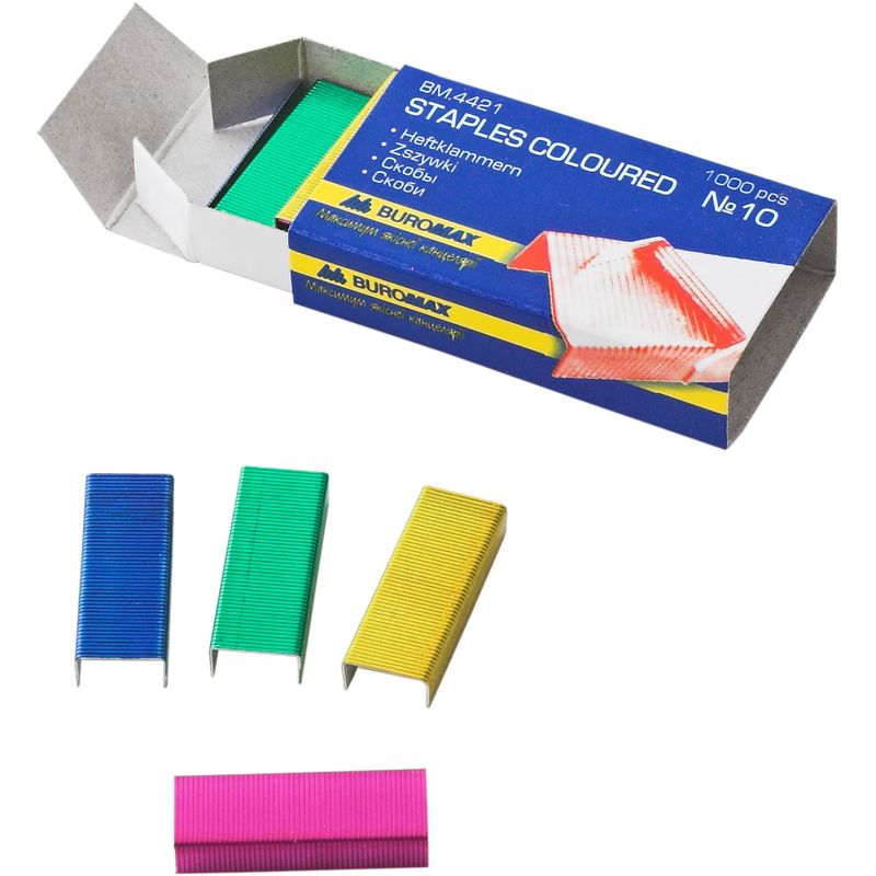 Скоби № 10, до 20 аркушів, кольорові (ширина=8, 4мм, висота ніжки 5мм), ВМ (1000 шт. )